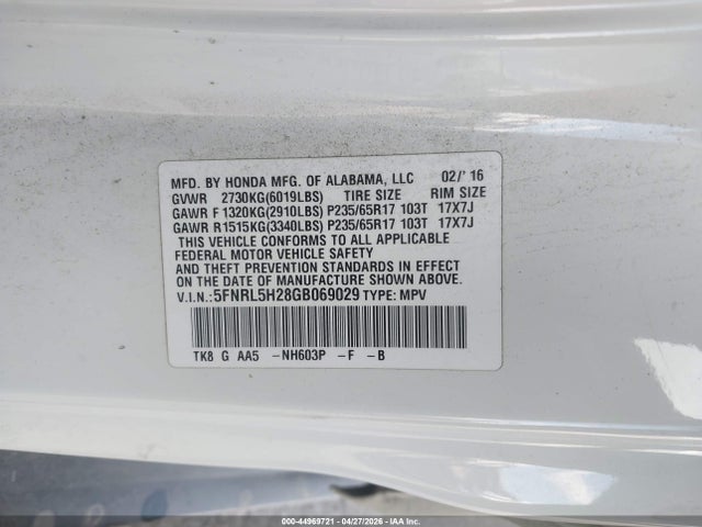 5FNRL5H28GB069029 Honda ODYSSEY LX