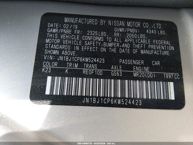 Aukcja sprzedaży 2019 Nissan Rogue Sport Sv, vin: JN1BJ1CP6KW524423, numer aukcji: 44969724