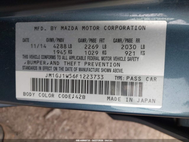 44969725 :رقم المزاد ، JM1GJ1W56F1223733 vin ، 2015 Mazda Mazda6 I Grand Touring مزاد بيع