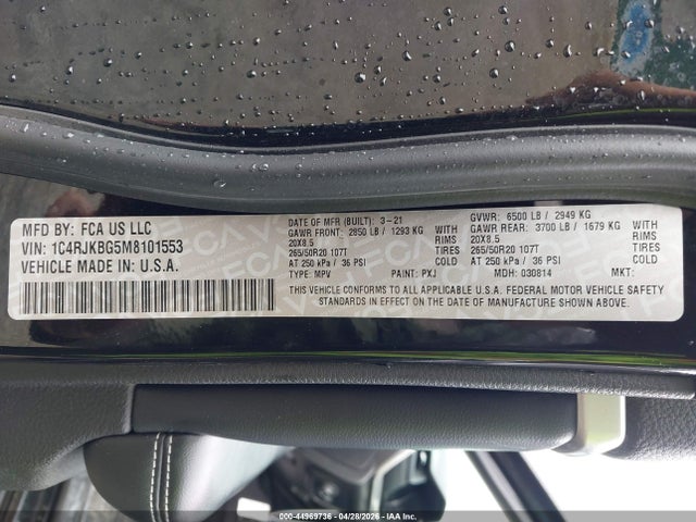Продаж на аукціоні авто 2021 Jeep Grand Cherokee L Limited 4x4, vin: 1C4RJKBG5M8101553, номер лоту: 44969736