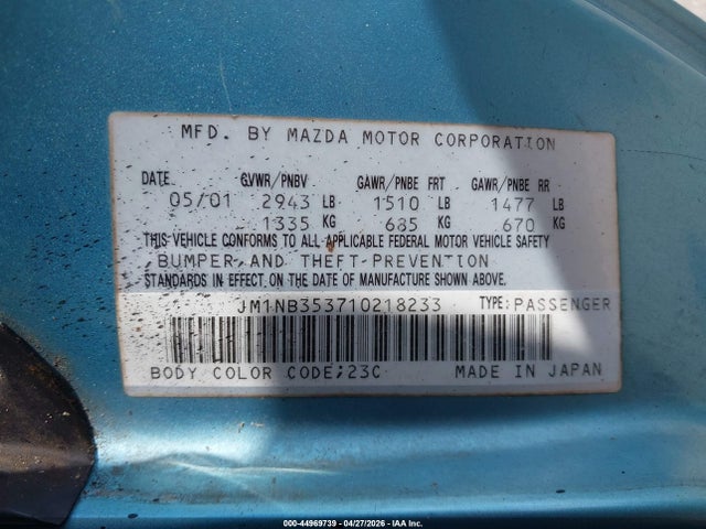 44969739 :رقم المزاد ، JM1NB353710218233 vin ، 2001 Mazda Mx-5 Miata Ls/special Edition مزاد بيع