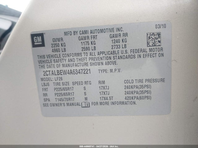 Продаж на аукціоні авто 2010 Gmc Terrain Sle-1, vin: 2CTALBEW4A6347221, номер лоту: 44969741