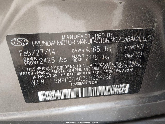 44969742 :رقم المزاد ، 5NPEC4AC3EH904769 vin ، 2014 Hyundai Sonata Limited مزاد بيع
