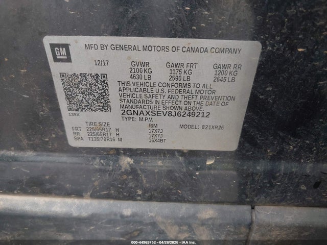 Продаж на аукціоні авто 2018 Chevrolet Equinox Lt, vin: 2GNAXSEV8J6249212, номер лоту: 44969752