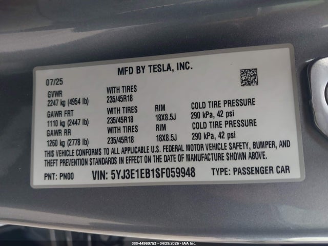 2025 Tesla Model 3 Long Range All-wheel Drive მანქანა იყიდება აუქციონზე, vin: 5YJ3E1EB1SF059948, აუქციონის ნომერი: 44969753