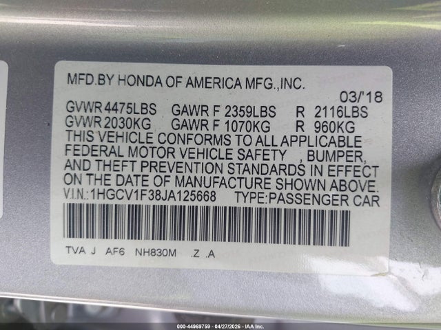 44969759 :رقم المزاد ، 1HGCV1F38JA125668 vin ، 2018 Honda Accord Sport مزاد بيع
