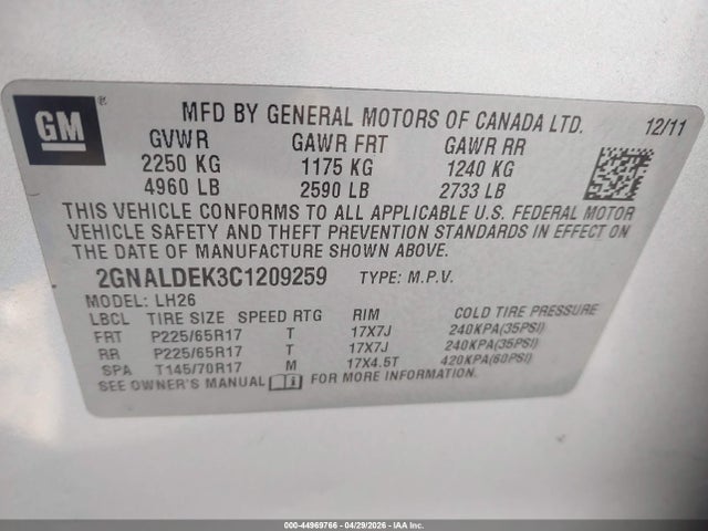 44969766 :رقم المزاد ، 2GNALDEK3C1209259 vin ، 2012 Chevrolet Equinox 1lt مزاد بيع