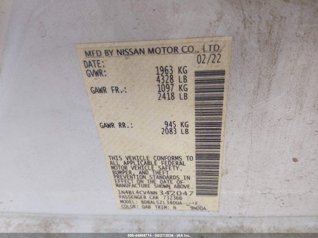 Продажа на аукционе авто 2022 Nissan Altima Sr Fwd, vin: 1N4BL4CV4NN342047, номер лота: 44969774