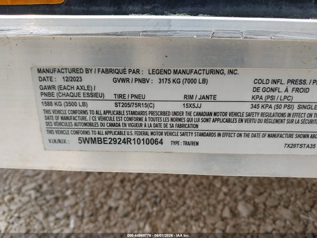 Aukcja sprzedaży 2024 Legend 7x29 Thunder Snowmobile Enclosed Trailer, vin: 5WMBE2924R1010064, numer aukcji: 44969776