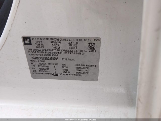 Продажа на аукционе авто 2016 Gmc Sierra 1500 Slt, vin: 3GTU2NEC9GG106206, номер лота: 44969777