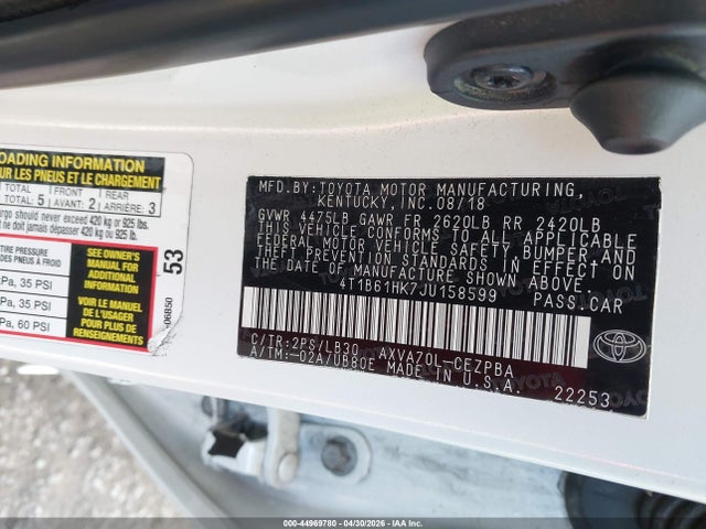 Aukcja sprzedaży 2018 Toyota Camry Xse, vin: 4T1B61HK7JU158599, numer aukcji: 44969780