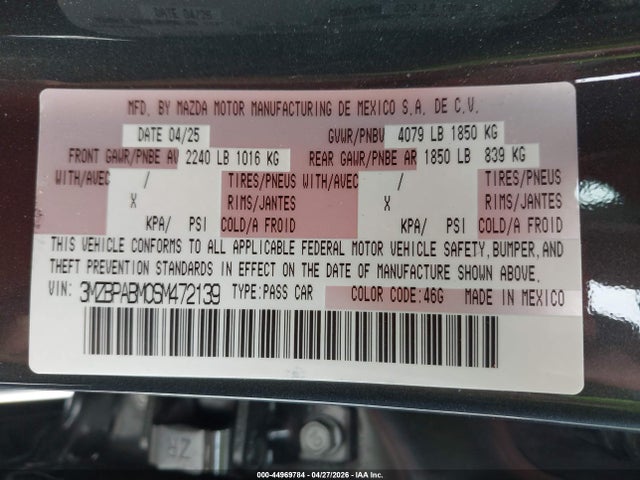 2025 Mazda Mazda3 2.5 S Select Sport მანქანა იყიდება აუქციონზე, vin: 3MZBPABM0SM472139, აუქციონის ნომერი: 44969784