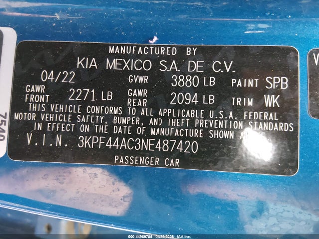 44969785 :رقم المزاد ، 3KPF44AC3NE487420 vin ، 2022 Kia Forte Gt Manual مزاد بيع