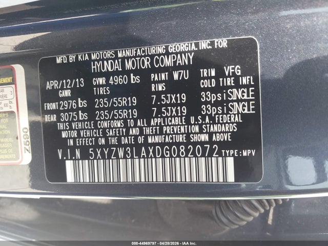 44969797 :رقم المزاد ، 5XYZW3LAXDG082072 vin ، 2013 Hyundai Santa Fe Sport 2.0t مزاد بيع