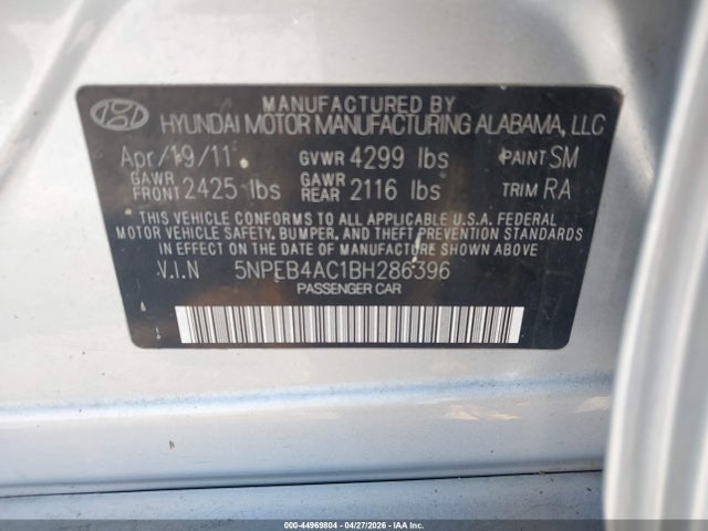 Aukcja sprzedaży 2011 Hyundai Sonata Gls, vin: 5NPEB4AC1BH286396, numer aukcji: 44969804