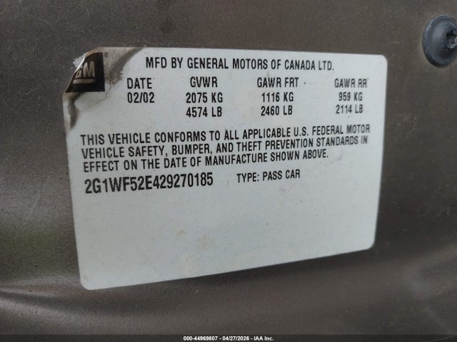 44969807 :رقم المزاد ، 2G1WF52E429270185 vin ، 2002 Chevrolet Impala مزاد بيع