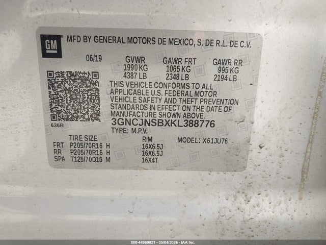 2019 Chevrolet Trax Ls მანქანა იყიდება აუქციონზე, vin: 3GNCJNSBXKL388776, აუქციონის ნომერი: 44969821