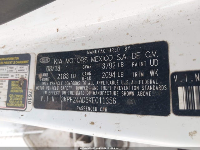Продажа на аукционе авто 2019 Kia Forte Lxs, vin: 3KPF24AD5KE011356, номер лота: 44969832