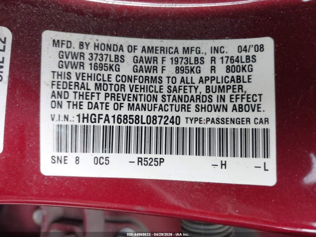 44969833 :رقم المزاد ، 1HGFA16858L087240 vin ، 2008 Honda Civic Ex مزاد بيع