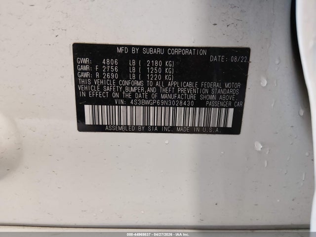 Aukcja sprzedaży 2022 Subaru Legacy Touring Xt, vin: 4S3BWGP69N3028430, numer aukcji: 44969837