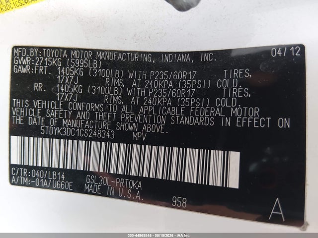 Aukcja sprzedaży 2012 Toyota Sienna Xle V6 8 Passenger, vin: 5TDYK3DC1CS248343, numer aukcji: 44969846