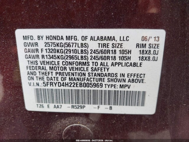 44969856 :رقم المزاد ، 5FRYD4H22EB005969 vin ، 2014 Acura Mdx مزاد بيع