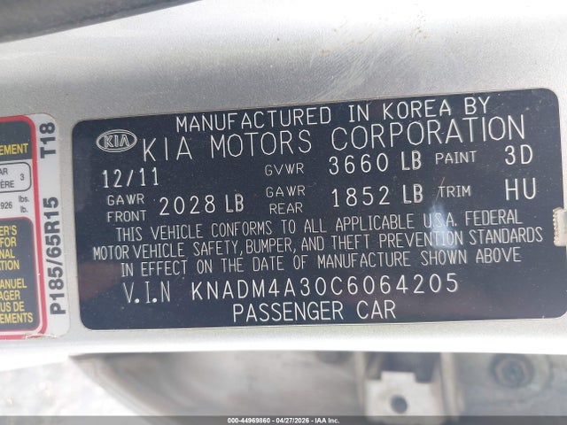 Aukcja sprzedaży 2012 Kia Rio Lx, vin: KNADM4A30C6064205, numer aukcji: 44969860