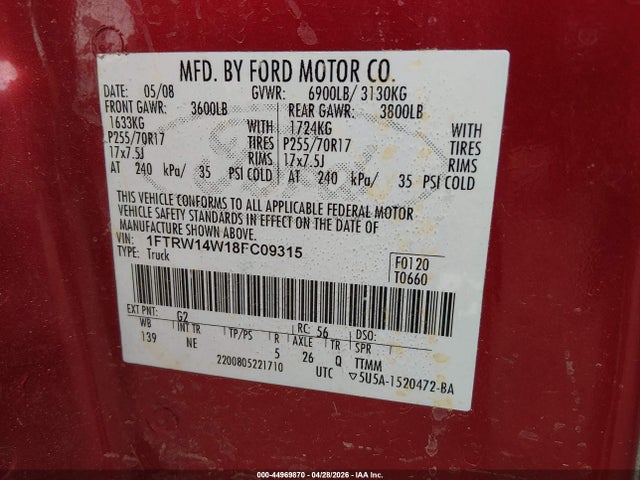 Продажа на аукционе авто 2008 Ford F150 Supercrew, vin: 1FTRW14W18FC09315, номер лота: 44969870