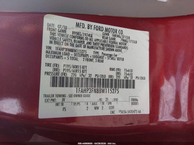 44969880 :رقم المزاد ، 1FAHP3FN8BW115275 vin ، 2011 Ford Focus Se مزاد بيع
