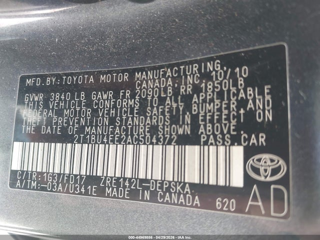 Продаж на аукціоні авто 2010 Toyota Corolla S, vin: 2T1BU4EE2AC504372, номер лоту: 44969886