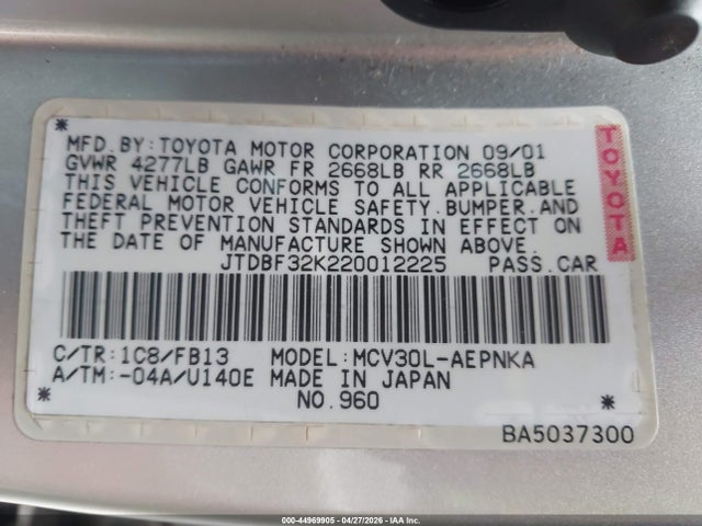 Aukcja sprzedaży 2002 Toyota Camry Le V6/se V6/xle V6, vin: JTDBF32K220012225, numer aukcji: 44969905