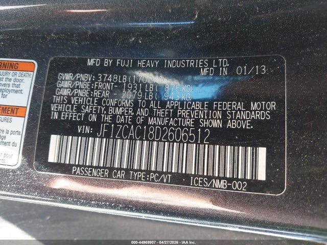 44969907 :رقم المزاد ، JF1ZCAC18D2606512 vin ، 2013 Subaru Brz Limited مزاد بيع