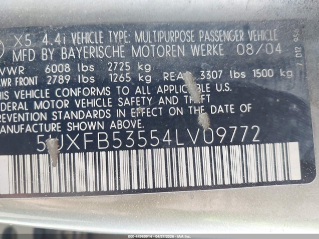 Aukcja sprzedaży 2004 Bmw X5 4.4i, vin: 5UXFB53554LV09772, numer aukcji: 44969914
