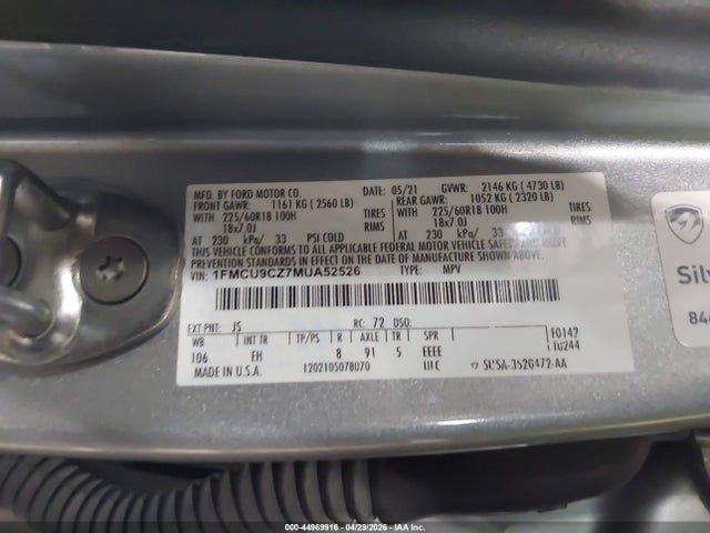 44969916 :رقم المزاد ، 1FMCU9CZ7MUA52526 vin ، 2021 Ford Escape Sel Hybrid مزاد بيع