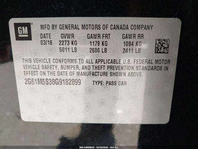 44969925 :رقم المزاد ، 2G61M5S38G9182899 vin ، 2016 Cadillac Xts Luxury Collection مزاد بيع
