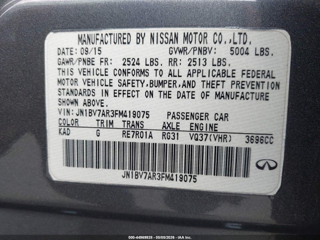 Продажа на аукционе авто 2015 Infiniti Q50 Premium, vin: JN1BV7AR3FM419075, номер лота: 44969928
