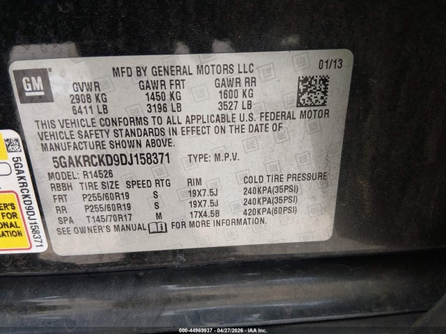 44969937 :رقم المزاد ، 5GAKRCKD9DJ158371 vin ، 2013 Buick Enclave Leather مزاد بيع