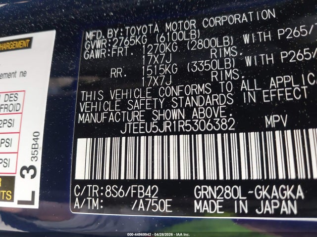 Aukcja sprzedaży 2024 Toyota 4runner Sr5, vin: JTEEU5JR1R5306382, numer aukcji: 44969942