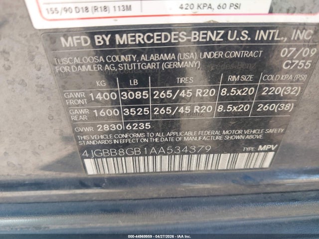 2010 Mercedes-benz Ml 350 4matic მანქანა იყიდება აუქციონზე, vin: 4JGBB8GB1AA534379, აუქციონის ნომერი: 44969959