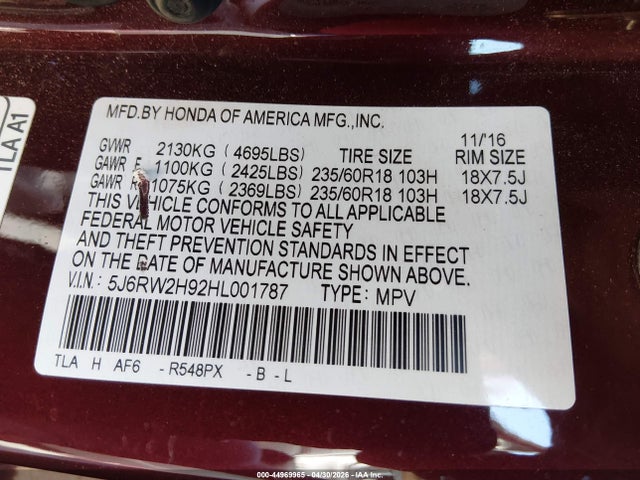 5J6RW2H92HL001787 Honda Cr-v Touring