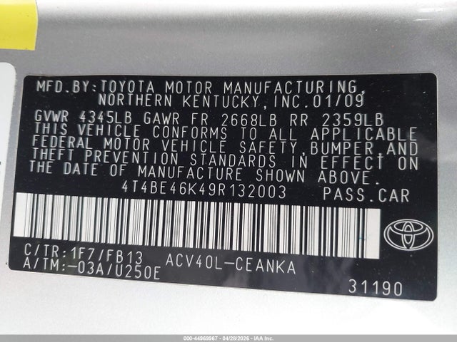 Aukcja sprzedaży 2009 Toyota Camry Le, vin: 4T4BE46K49R132003, numer aukcji: 44969967