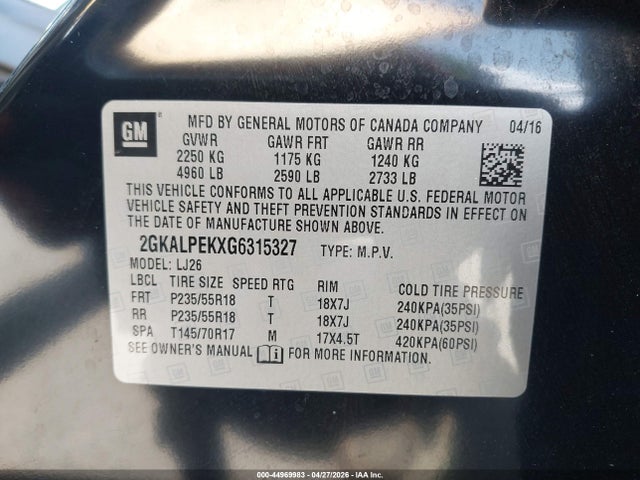 2016 Gmc Terrain Slt მანქანა იყიდება აუქციონზე, vin: 2GKALPEKXG6315327, აუქციონის ნომერი: 44969983