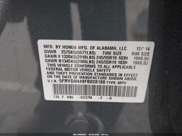 44969987 :رقم المزاد ، 5FRYD4H48FB028188 vin ، 2015 Acura Mdx Technology Package مزاد بيع