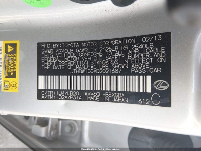 Продаж на аукціоні авто 2013 Lexus Es 300h, vin: JTHBW1GGXD2021687, номер лоту: 44969989