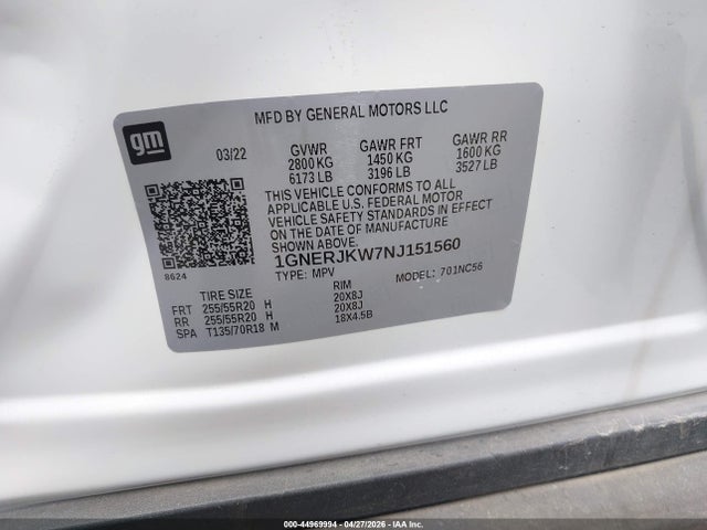 1GNERJKW7NJ151560 Chevrolet Traverse Fwd Rs