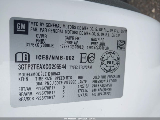 Aukcja sprzedaży 2012 Gmc Sierra 1500 Work Truck, vin: 3GTP2TEAXCG296544, numer aukcji: 44969995