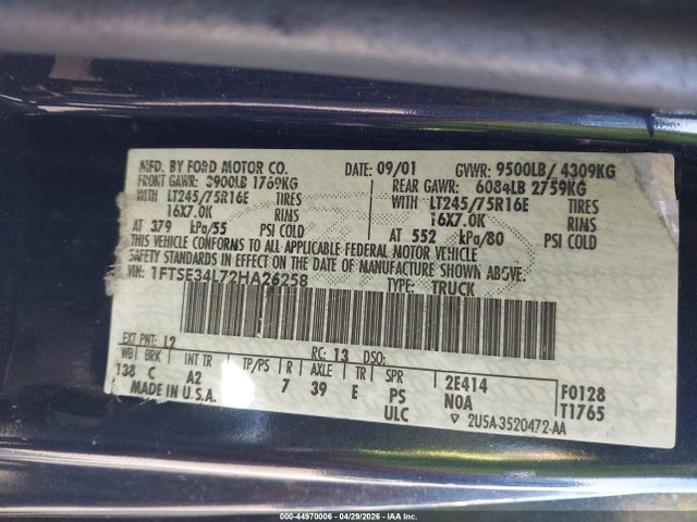 44970006 :رقم المزاد ، 1FTSE34L72HA26258 vin ، 2002 Ford E-350 Super Duty Commercial/recreational مزاد بيع