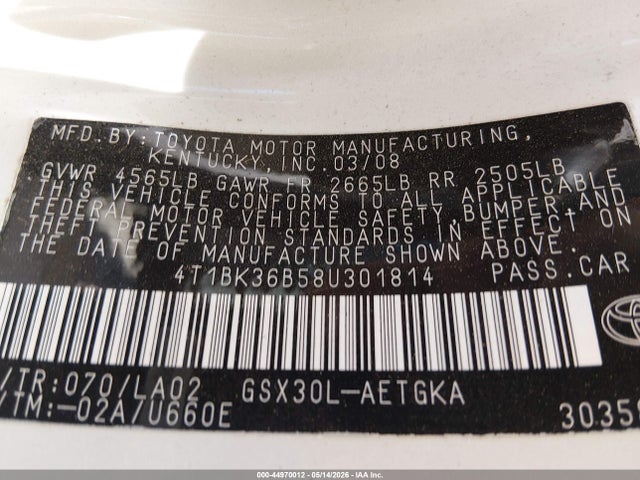 Aukcja sprzedaży 2008 Toyota Avalon Xls, vin: 4T1BK36B58U301814, numer aukcji: 44970012