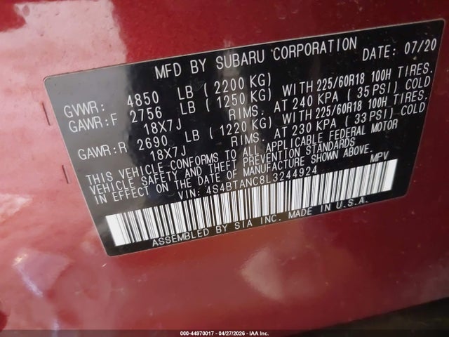 44970017 :رقم المزاد ، 4S4BTANC8L3244924 vin ، 2020 Subaru Outback Limited مزاد بيع