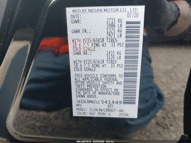 44970019 :رقم المزاد ، 5N1DL0MN2LC541449 vin ، 2020 Infiniti Qx60 Luxe مزاد بيع